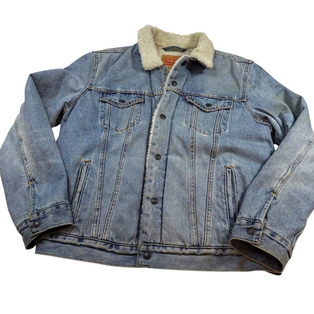 Levi Strauss Sherpa Lined Denim Jacket Womens L Light Wash Trucker Warm - Picture 1 of 8